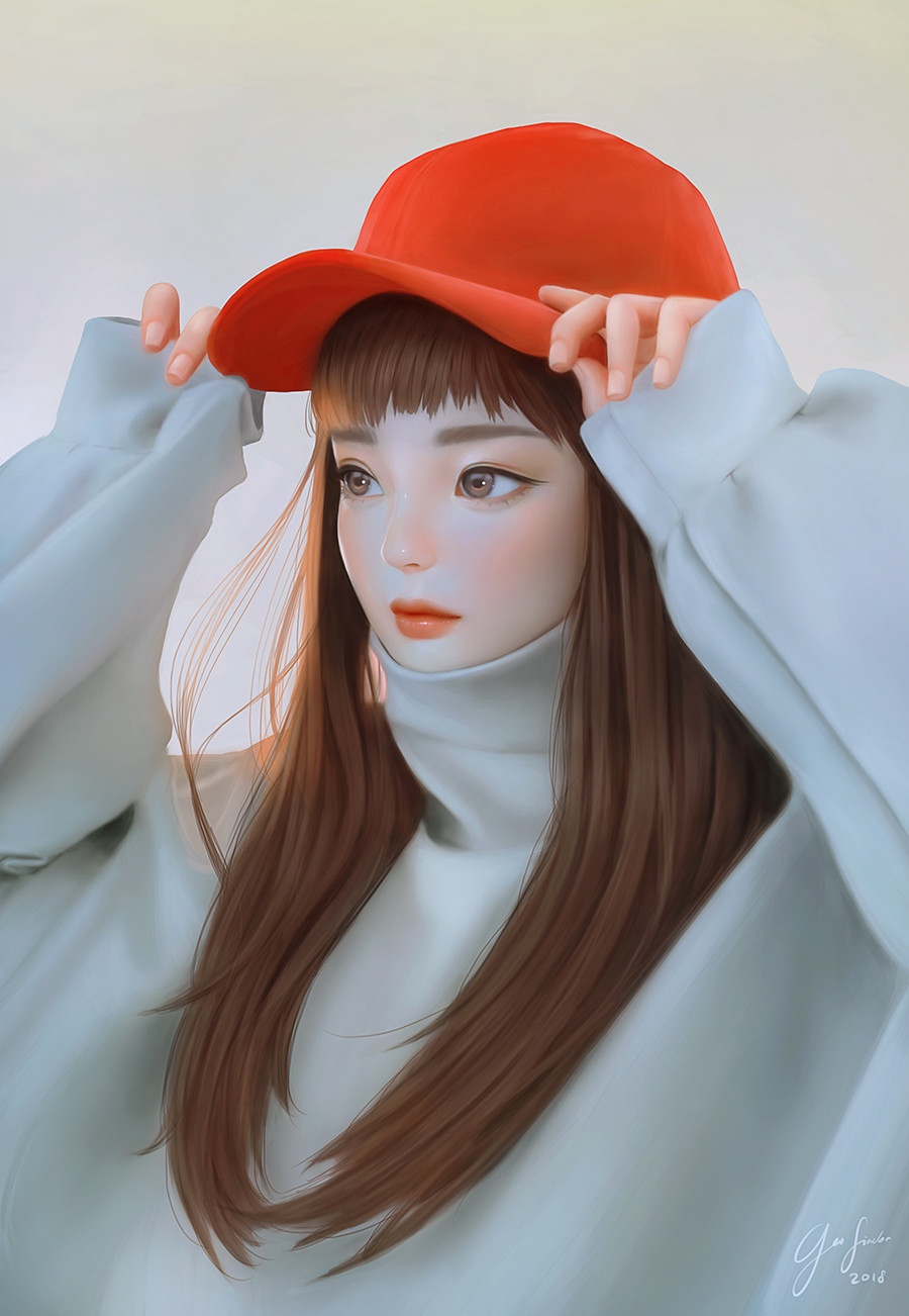 1girl adjusting_clothes adjusting_hat artist_name bangs brown_eyes brown_hair closed_mouth commentary dated geo_siador hat highres lips long_hair long_sleeves looking_afar nose original red_hat red_lips signature sleeves_past_wrists solo sweater turtleneck turtleneck_sweater upper_body white_sweater