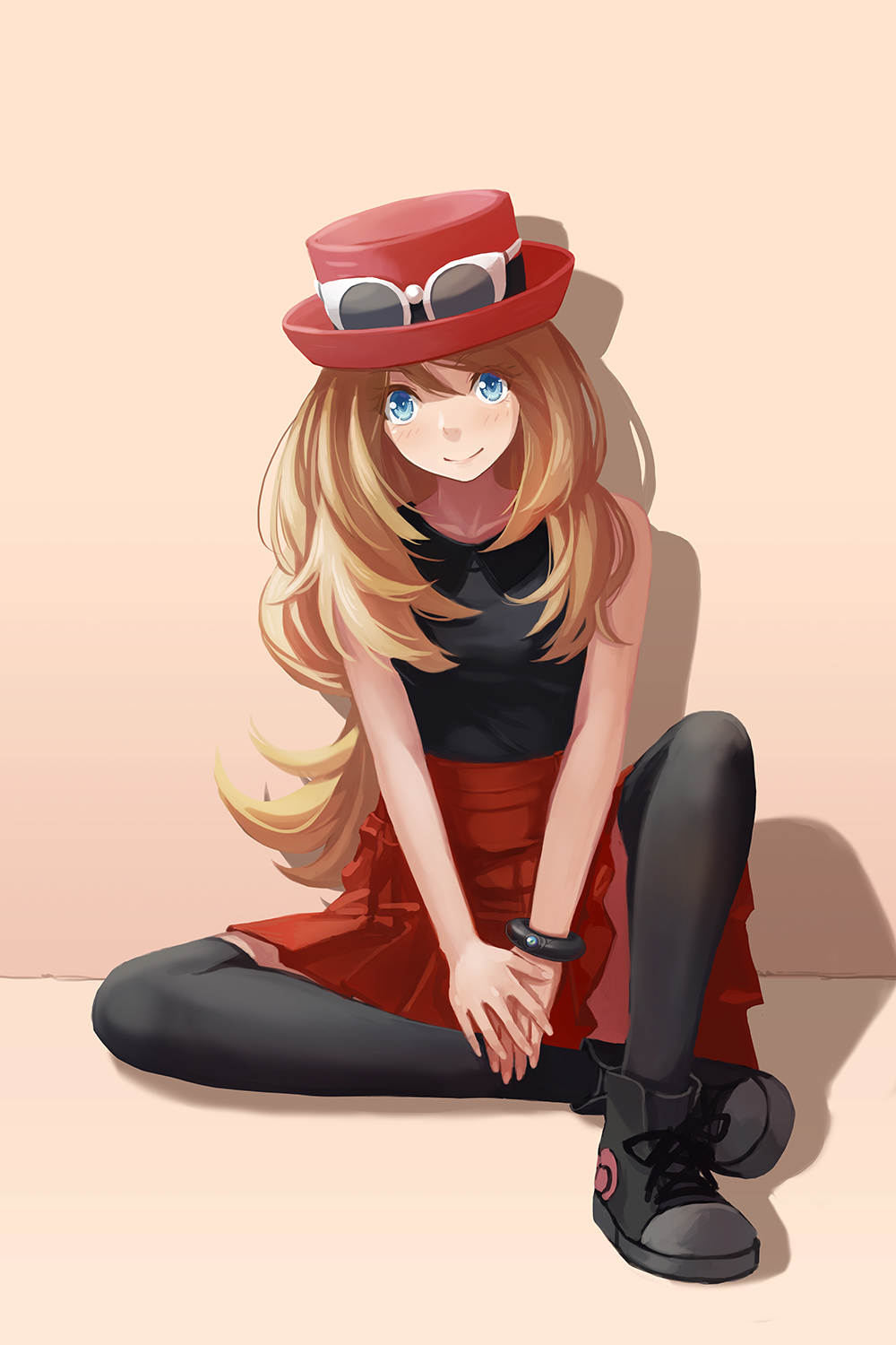 1girl against_wall black_footwear black_legwear black_shirt blue_eyes bracelet brown_hair full_body hair_between_eyes hat highres jewelry long_hair looking_at_viewer pleated_skirt pokemon pokemon_(game) pokemon_xy red_hat red_skirt redpoke serena_(pokemon) shirt sitting skirt sleeveless sleeveless_shirt smile solo thigh-highs very_long_hair zettai_ryouiki