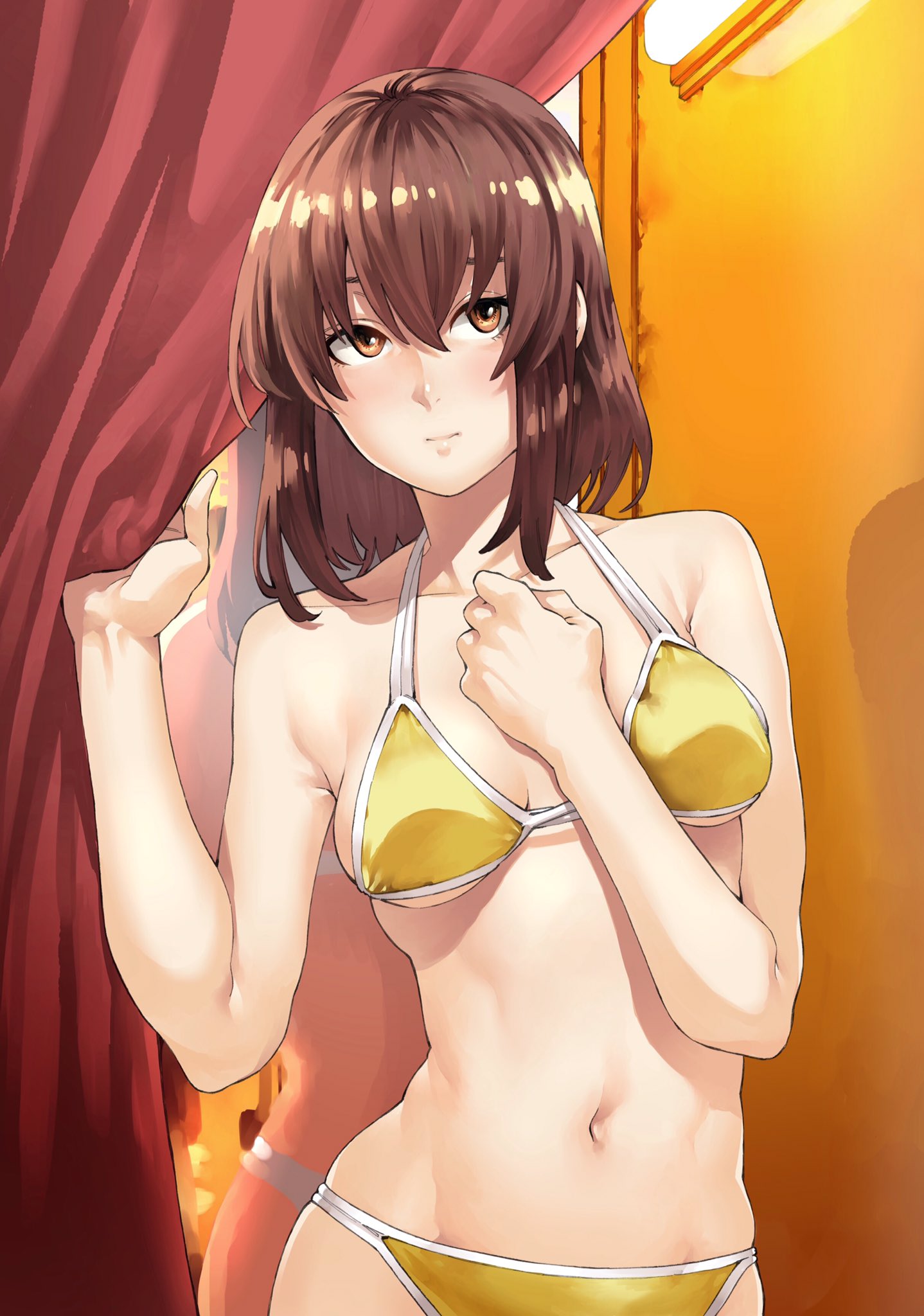 1girl bangs bikini blush brown_eyes brown_hair changing_room character_request clenched_hand commentary_request curtains hand_on_own_chest highres looking_to_the_side mirror nakajima_ryou navel solo swimsuit yellow_bikini