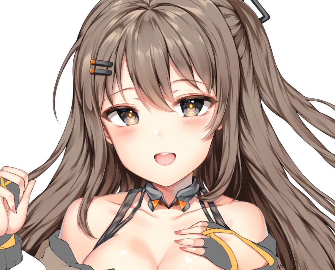 1girl bangs bare_shoulders blush breasts brown_eyes brown_hair cleavage collarbone eyebrows_visible_through_hair fingerless_gloves girls_frontline gloves hair_ornament hairclip hand_on_own_chest hand_up jacket k-2_(girls_frontline) long_hair looking_at_viewer medium_breasts off_shoulder open_mouth painteen sidelocks simple_background smile solo tareme upper_body upper_teeth work_in_progress