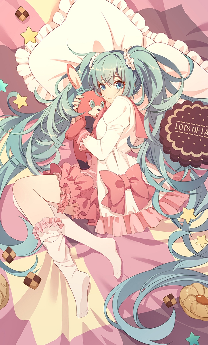 1girl absurdly_long_hair bangs bed_sheet biscuit bow cookie dress eyebrows_visible_through_hair food frilled_legwear hair_ornament hair_scrunchie hatsune_miku head_on_pillow holding holding_stuffed_animal kaanaa league_of_legends light_blue_eyes light_blue_hair long_hair looking_at_viewer loose_socks lying messy_hair on_bed on_side pillow pink_bow pink_shirt puffy_sleeves rabbit scrunchie shirt single_sock socks star stuffed_animal stuffed_toy thigh_strap twintails very_long_hair vocaloid wavy_hair wavy_mouth white_dress