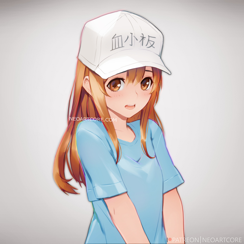 1girl artist_name blue_shirt blush brown_eyes hataraku_saibou light_brown_hair nudtawut_thongmai open_mouth platelet_(hataraku_saibou) portrait shirt short_sleeves simple_background solo upper_body watermark web_address white_background