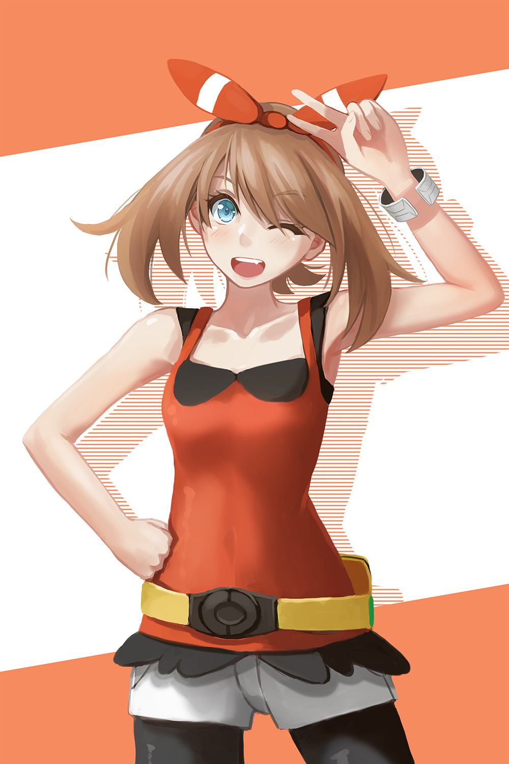 1girl ;d arm_up bangs bike_shorts black_shorts blue_eyes bracelet brown_hair collarbone cowboy_shot eyebrows_visible_through_hair hairband hand_on_hip haruka_(pokemon) highres jewelry long_hair one_eye_closed open_mouth pokemon pokemon_(game) pokemon_oras red_shirt redpoke shirt short_shorts shorts shorts_under_shorts sleeveless sleeveless_shirt smile solo standing swept_bangs twintails v white_shorts