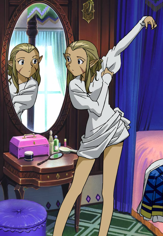 90s arm_up bare_legs bed blonde_hair blue_eyes dressing facial_hair indoors jessica_de_alkirk juliet_sleeves long_hair long_sleeves looking_at_mirror lunar lunar:_the_silver_star markings mirror no_bangs official_art pointy_ears puffy_sleeves reflection standing