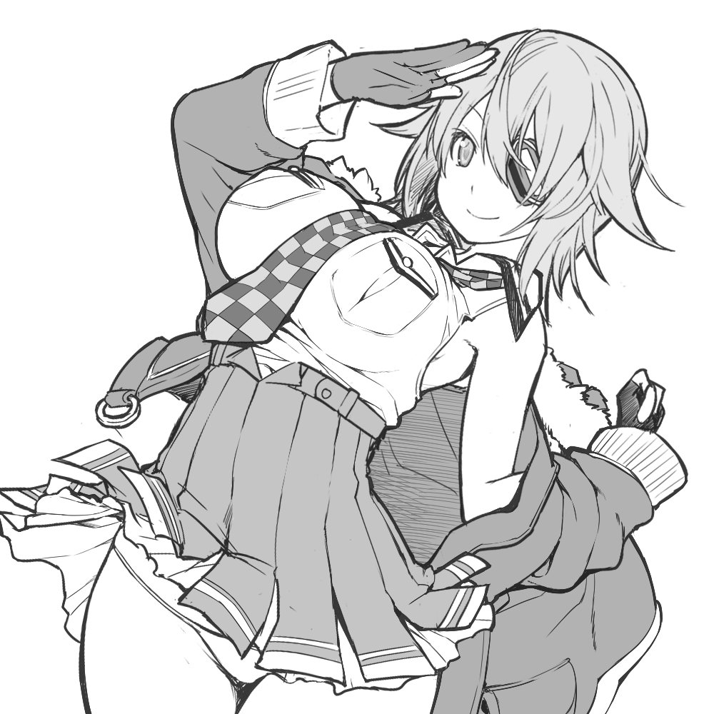 1girl bare_shoulders breasts checkered checkered_neckwear dutch_angle eyepatch fingerless_gloves gloves greyscale hair_between_eyes jacket_on_shoulders kantai_collection kintarou_(kintarou's_room) large_breasts monochrome necktie panties remodel_(kantai_collection) salute short_hair skirt smile solo tenryuu_(kantai_collection) thigh_gap thighs underwear white_background