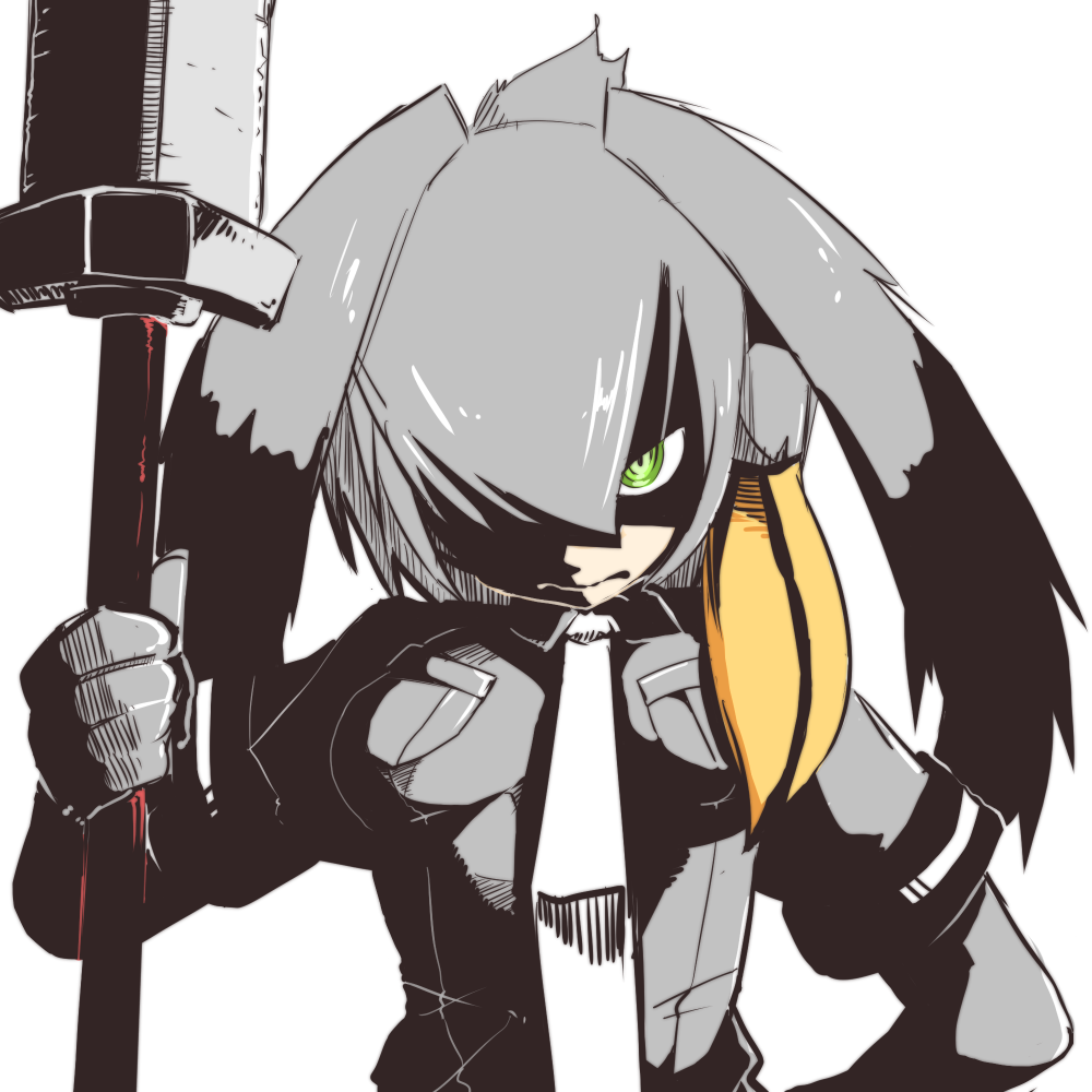 1girl 370ml bangs bird_wings black_gloves black_hair breast_pocket closed_mouth collared_shirt fingerless_gloves gloves green_eyes grey_hair grey_neckwear grey_shirt hair_over_one_eye hand_on_hip hand_up high_contrast holding holding_spear holding_weapon kemono_friends long_hair long_sleeves looking_at_viewer low_ponytail multicolored_hair necktie orange_hair pocket polearm serious shaded_face shirt shoebill_(kemono_friends) short_over_long_sleeves short_sleeves side_ponytail simple_background solo spear upper_body weapon wings