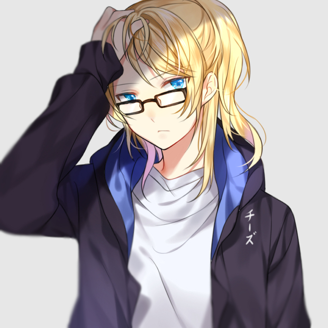 1girl artist_name ayase_eli bangs black-framed_eyewear black_jacket blonde_hair blue_eyes chi_zu_crazy eyebrows_visible_through_hair glasses grey_background jacket long_hair love_live! love_live!_school_idol_project open_clothes open_jacket ponytail reco shirt simple_background solo swept_bangs upper_body white_shirt