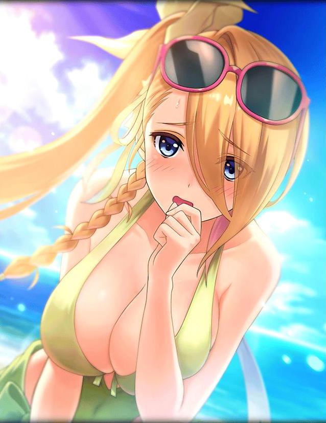 artist_request bent_over blonde_hair blue_eyes blush braid breasts cleavage eyewear_on_head green_swimsuit hair_ornament hand_to_own_mouth huge_breasts ocean official_art open_mouth phantom_of_the_kill ponytail shinobi_nightmare sky sunglasses swimsuit