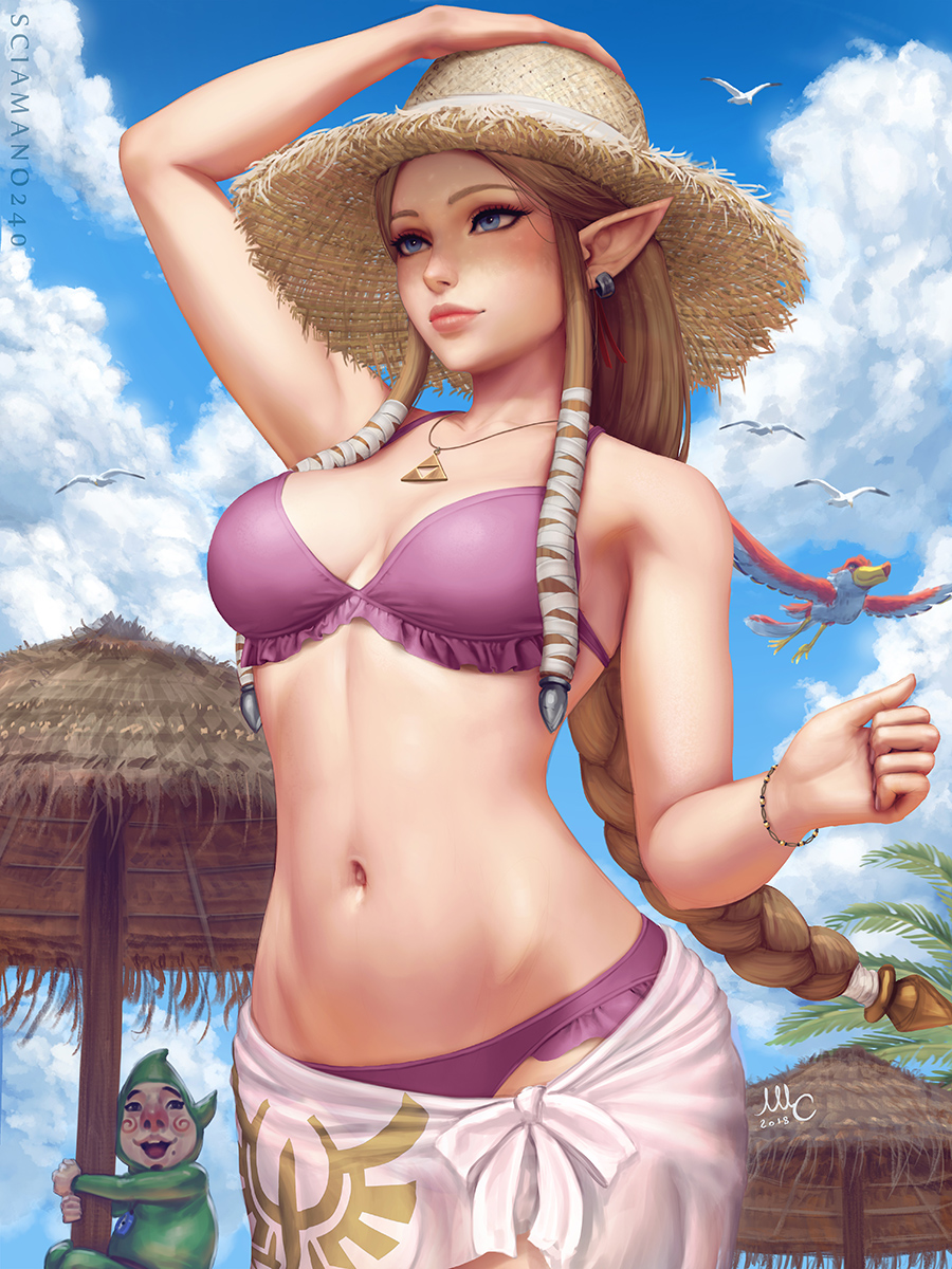 1boy 1girl 2018 :d arm_up artist_name bare_arms bare_shoulders bikini bird blue_eyes bodysuit bracelet braid breasts brown_hair brown_hat closed_mouth clouds cloudy_sky collarbone commentary cowboy_shot day earrings english_commentary floating_hair frilled_bikini frills green_bodysuit groin hair_ribbon hand_on_headwear hand_up hat highres hoop_earrings jewelry lips long_hair looking_at_another looking_away medium_breasts mole mole_under_mouth navel necklace nose open_mouth outdoors palm_tree parasol pointy_ears princess_zelda purple_bikini ribbon sarong sciamano240 sidelocks signature single_braid sky smile solo_focus standing stomach straw_hat summer swimsuit the_legend_of_zelda the_legend_of_zelda:_twilight_princess tingle tree tress_ribbon triforce umbrella very_long_hair white_ribbon