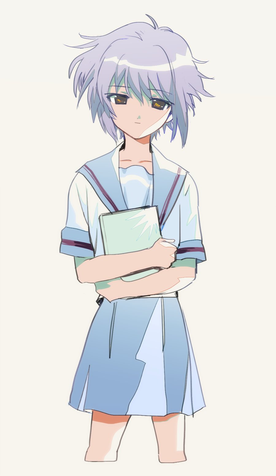 1girl book closed_mouth eyebrows_visible_through_hair highres nagato_yuki purple_hair school_uniform shirt short_hair simple_background skirt solo suzumiya_haruhi_no_yuuutsu white_background zero-souma