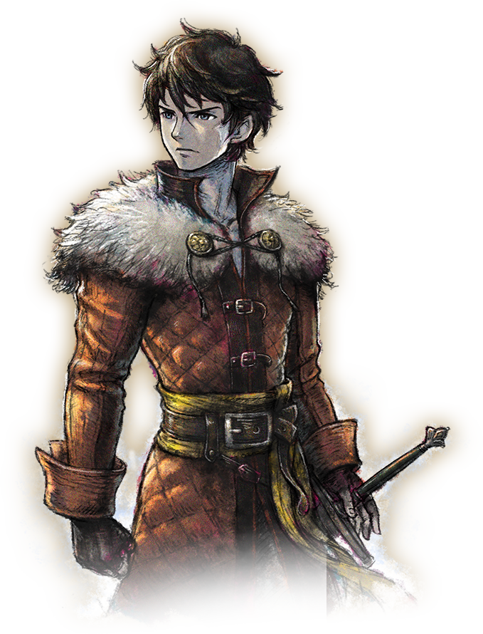 1boy belt capelet clenched_hand closed_mouth cowboy_shot fingerless_gloves fur_capelet gloves ikusy looking_afar male_focus official_art serenoa_wolffort short_hair solo standing sword sword_hilt transparent_background triangle_strategy warrior weapon