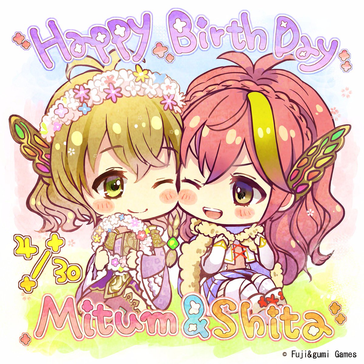 2girls artist_request blonde_hair blush braid butterfly_hair_ornament cheek-to-cheek chibi cita_(phantom_of_the_kill) company_name fur_trim green_eyes hair_ornament happy_birthday head_wreath highres jacket mitum_(phantom_of_the_kill) multicolored_hair multiple_girls official_art one_eye_closed open_mouth phantom_of_the_kill redhead skirt smile two-tone_hair