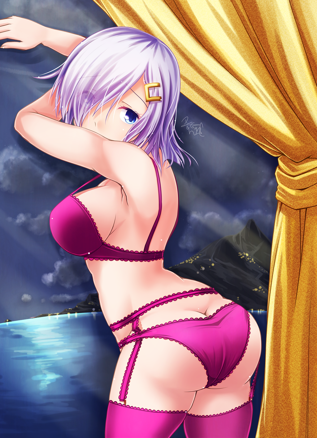 1girl against_glass ass ayatsuri-doll blue_eyes blush bra breasts butt_crack city_lights clouds covered_mouth curtains eyebrows_visible_through_hair eyes_visible_through_hair garter_belt garter_straps hair_ornament hair_over_one_eye hairclip hamakaze_(kantai_collection) highres indoors kantai_collection large_breasts lingerie looking_at_viewer night night_sky ocean panties purple_bra purple_legwear purple_panties short_hair silver_hair sky solo thigh-highs thighs underwear underwear_only