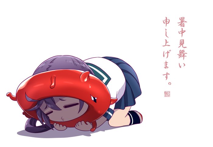 1girl akebono_(kantai_collection) chibi closed_eyes commentary_request enemy_lifebuoy_(kantai_collection) full_body horns kantai_collection long_hair mouth orz pleated_skirt purple_hair school_uniform serafuku shinkaisei-kan simple_background skirt sumeragi_hamao translated white_background