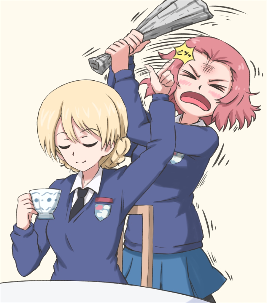 2girls blonde_hair braid closed_eyes commentary_request cup darjeeling flick french_braid girls_und_panzer multiple_girls newspaper omachi_(slabco) orange_pekoe red_eyes simple_background sitting st._gloriana's_school_uniform teacup