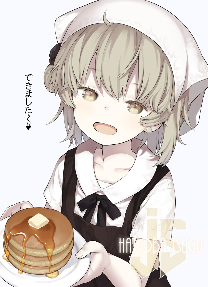 1girl :d apron bangs black_apron black_flower black_rose blue_background brown_eyes capriccio character_name commentary eyebrows_visible_through_hair fingernails flower food hair_between_eyes hair_flower hair_ornament hatoba_tsugu hatoba_tsugu_(character) heart holding holding_plate light_brown_hair looking_at_viewer mole mole_under_eye open_mouth pancake plate rose shirt short_sleeves simple_background smile solo stack_of_pancakes syrup translated white_background white_shirt