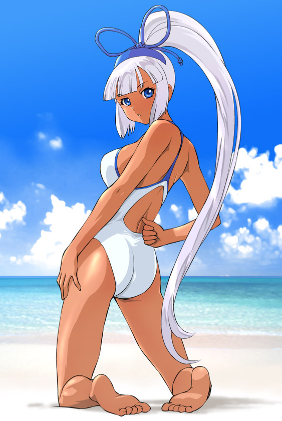 barefoot beach blue_eyes dark_skin feet kneeling long_hair looking_back majikina_mina one-piece_swimsuit ponytail samurai_spirits silver_hair sky snk swimsuit ueyama_michirou white_hair