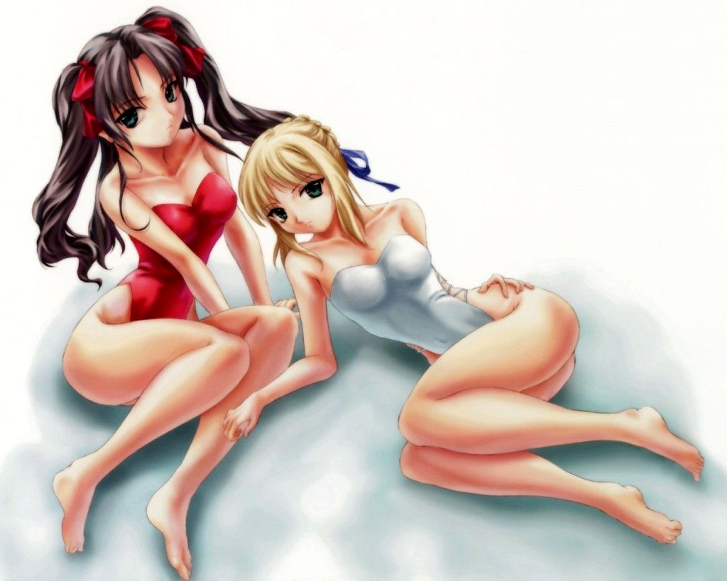 barefoot black_hair blonde_hair casual_one-piece_swimsuit fate/stay_night fate_(series) green_eyes long_hair lying multiple_girls one-piece_swimsuit saber swimsuit tohsaka_rin toosaka_rin twintails