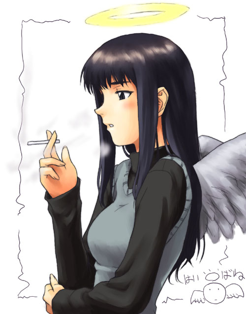 cigarette haibane_renmei halo long_hair reki smoking wings