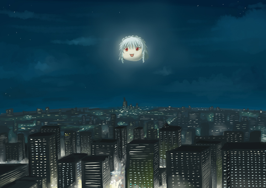 city city_lights cityscape full_moon izayoi_sakuya mizuno_(artist) moon night scenery sky touhou yukkuri_shiteitte_ne