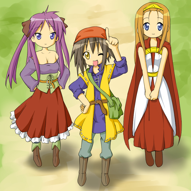 blue_eyes breasts brown_hair cleavage cosplay dragon_quest dragon_quest_viii dress hair_ribbon hair_ribbons hero_(dq8) hero_(dq8)_(cosplay) hiiragi_kagami jessica_albert jessica_albert_(cosplay) kusakabe_misao long_hair lucky_star medea medea_(cosplay) minegishi_ayano purple_hair ribbon ribbons short_hair tksymkw tsurukou_(tksymkw) twintails wink yellow_eyes