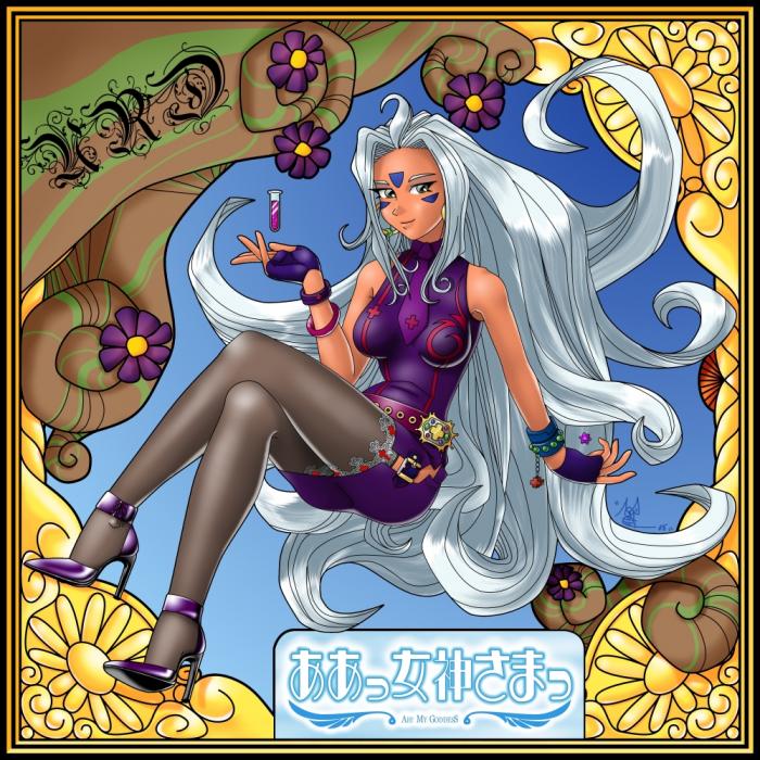 aa_megami-sama bracelet codak dark_skin flower frame goddess gray_pantyhose high_heels long_hair magic pantyhose urd white_hair