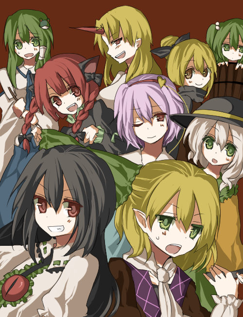 bucket everyone horn hoshiguma_yugi hoshiguma_yuugi in_bucket in_container kaenbyou_rin kame kisume kochiya_sanae komeiji_koishi komeiji_satori kurodani_yamame mizuhashi_parsee multiple_girls reiuji_utsuho star subterranean_animism touhou