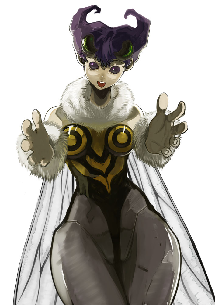 antenna bee bee_girl black_eyes capcom darkstalkers gray_pantyhose insect insect_girl monster_girl pantyhose purple_hair q-bee short_hair vampire_(game) wide_hips wings you_gonna_get_raped