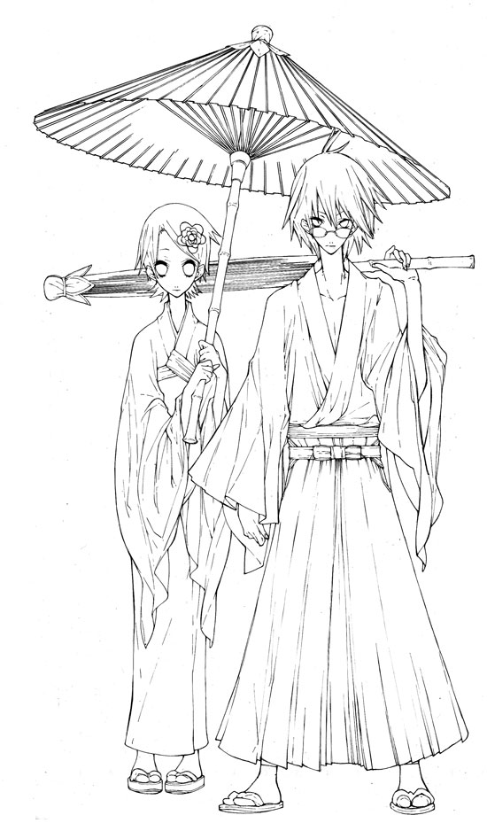 hakama itoshiki_nozomu japanese_clothes kimono monochrome oriental_umbrella sayonara_zetsubou_sensei umbrella