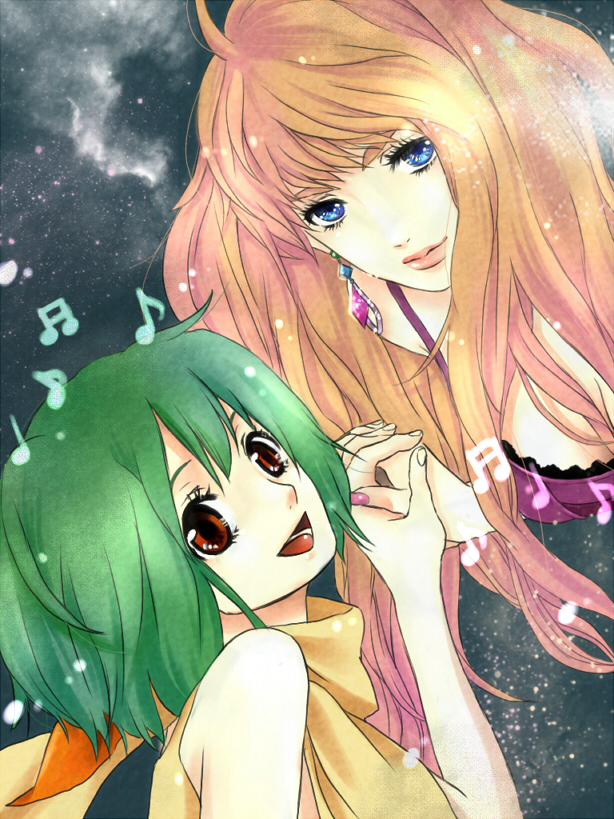 blue_eyes earrings green_hair hand_holding holding_hands jewelry long_hair macross macross_frontier miura multicolored_hair musical_note musical_notes ranka_lee red_eyes sheryl_nome short_hair two-tone_hair