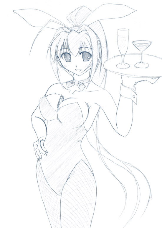 aoba_mizuki between_breasts blue breasts bunny_ears bunnysuit fishnet_pantyhose fishnets glasses lighter long_hair monochrome pantyhose ponytail rabbit_ears serving_tray sketch tray