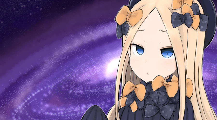 1girl :o abigail_williams_(fate/grand_order) bangs black_bow black_dress black_hat blonde_hair blue_eyes blush bow dress fate/grand_order fate_(series) forehead galaxy hair_bow hand_up hat long_hair long_sleeves looking_at_viewer orange_bow parted_bangs parted_lips polka_dot polka_dot_bow ro_(aahnn) sleeves_past_fingers sleeves_past_wrists solo very_long_hair