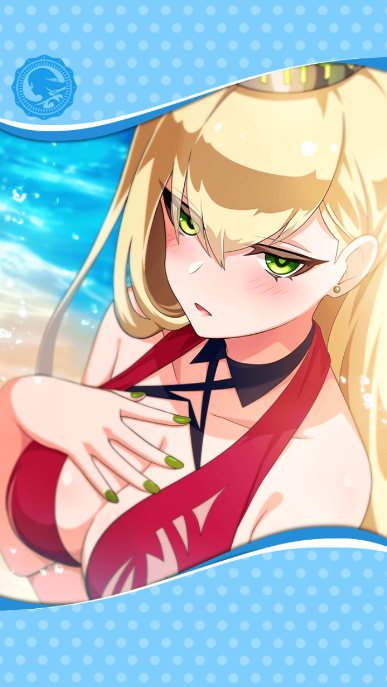 1girl artist_request blonde_hair blush breasts cleavage crown dainsleif_(phantom_of_the_kill) earrings framed_image green_eyes green_nails hair_between_eyes hand_on_own_chest jewelry large_breasts nail_polish official_art open_mouth phantom_of_the_kill red_swimsuit sand stud_earrings swimsuit water