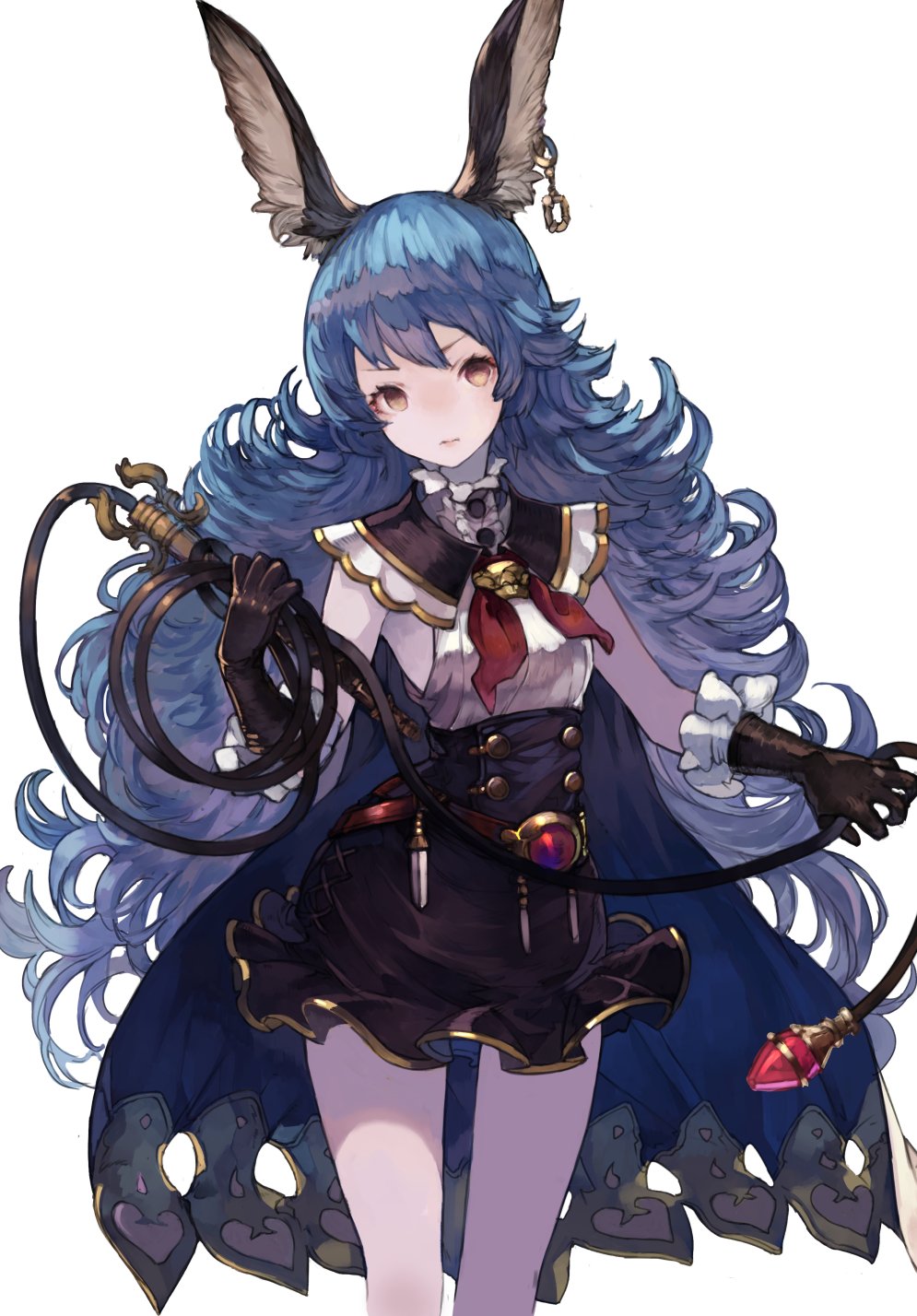 1girl animal_ears armpits blue_hair breasts brown_eyes cape chobi_(sakuyasakuhana) cowboy_shot curly_hair dress earrings ferry_(granblue_fantasy) frilled_dress frills gloves granblue_fantasy highres holding jewelry long_hair looking_at_viewer sailor_collar sideboob upper_body wavy_hair whip