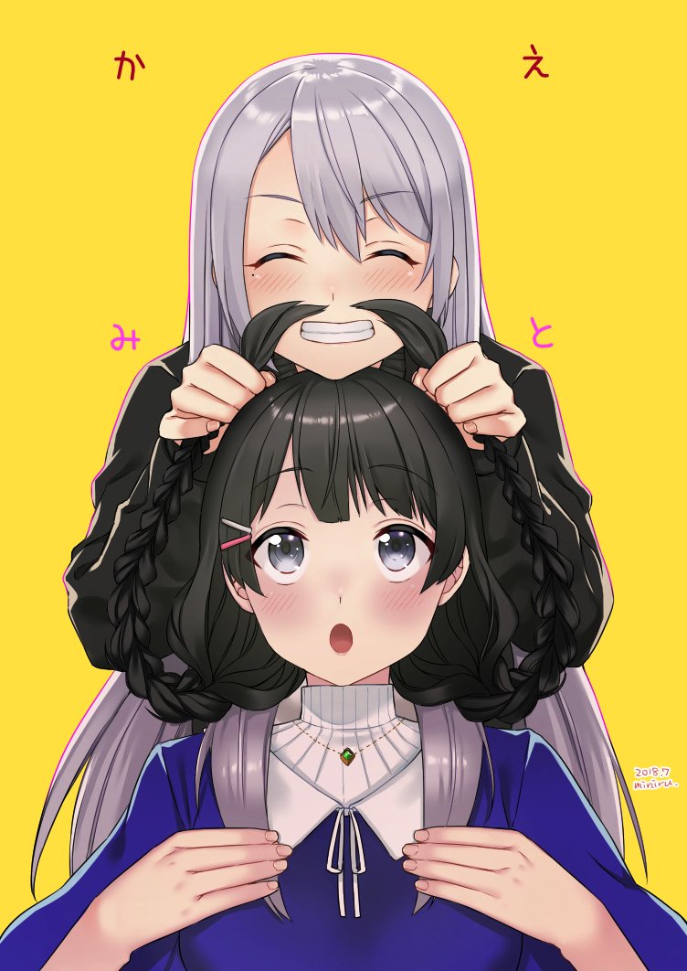 2girls black_eyes black_hair blush braid closed_eyes dated eyebrows_visible_through_hair hair_ornament hairclip higuchi_kaede jewelry long_hair looking_up miniru mole multiple_girls nijisanji pendant puffy_sleeves silver_hair smile tagme tsukino_mito twin_braids twitter_username yellow_background