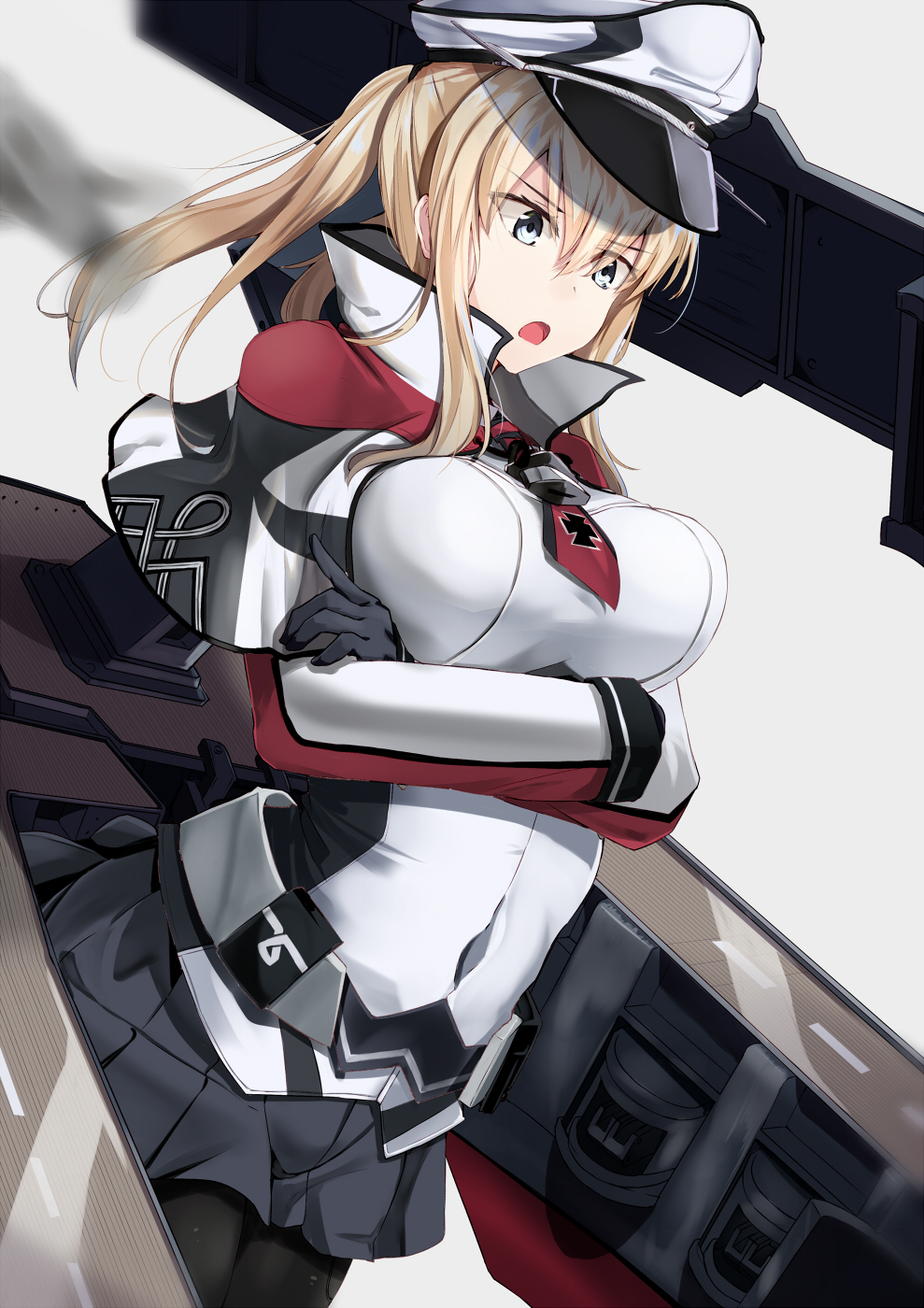 1girl bangs black_gloves black_legwear blonde_hair blue_eyes blush breasts capelet cross crossed_arms eyebrows_visible_through_hair gloves graf_zeppelin_(kantai_collection) hair_between_eyes hat highres impossible_clothes jacket kantai_collection large_breasts long_hair machinery military military_uniform miniskirt necktie ninoude_(ninoude44) open_mouth pantyhose peaked_cap rigging sidelocks skirt solo tsurime twintails uniform