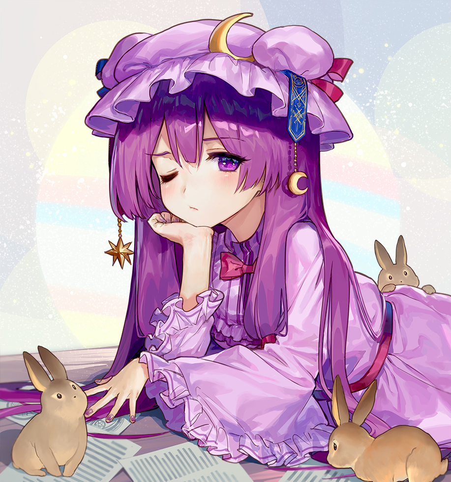 1girl ainy77 animal closed_mouth commentary_request crescent dress eyebrows_visible_through_hair hat long_hair long_sleeves looking_at_viewer lying nail_polish on_stomach one_eye_closed patchouli_knowledge purple_dress purple_hair purple_hat purple_nails rabbit star striped touhou vertical_stripes violet_eyes