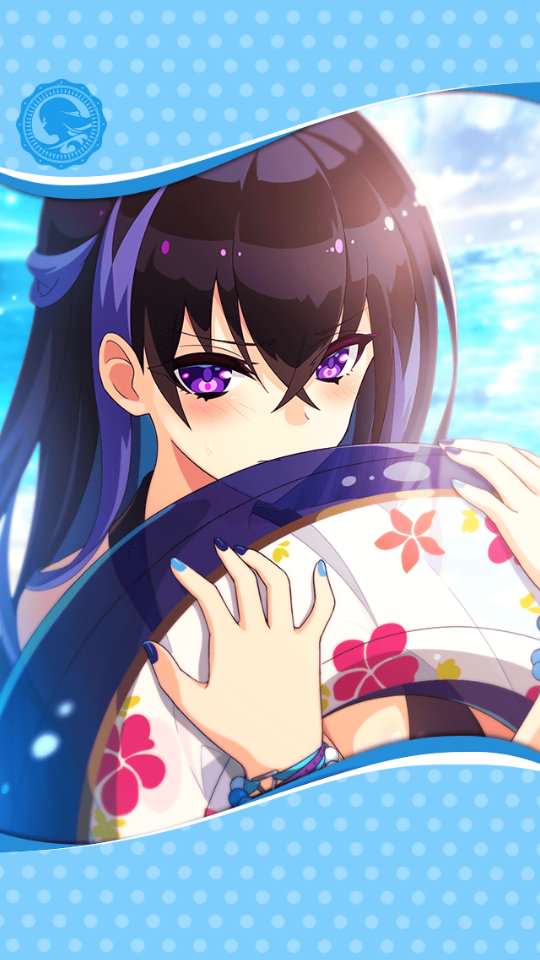 1girl artist_request black_hair black_swimsuit blue_nails blush bracelet forcas framed_image holding holding_innertube innertube jewelry multicolored_hair nail_polish official_art phantom_of_the_kill swimsuit two-tone_hair violet_eyes water