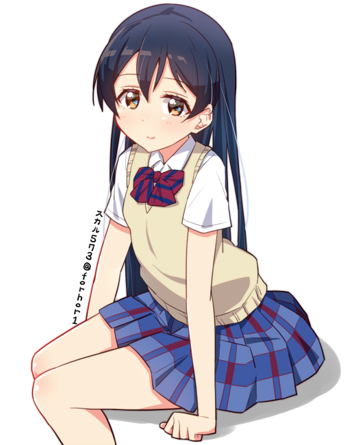 1girl bangs blue_hair blush commentary_request hair_between_eyes long_hair looking_at_viewer love_live! love_live!_school_idol_project otonokizaka_school_uniform school_uniform simple_background sitting skull573 smile solo sonoda_umi white_background yellow_eyes
