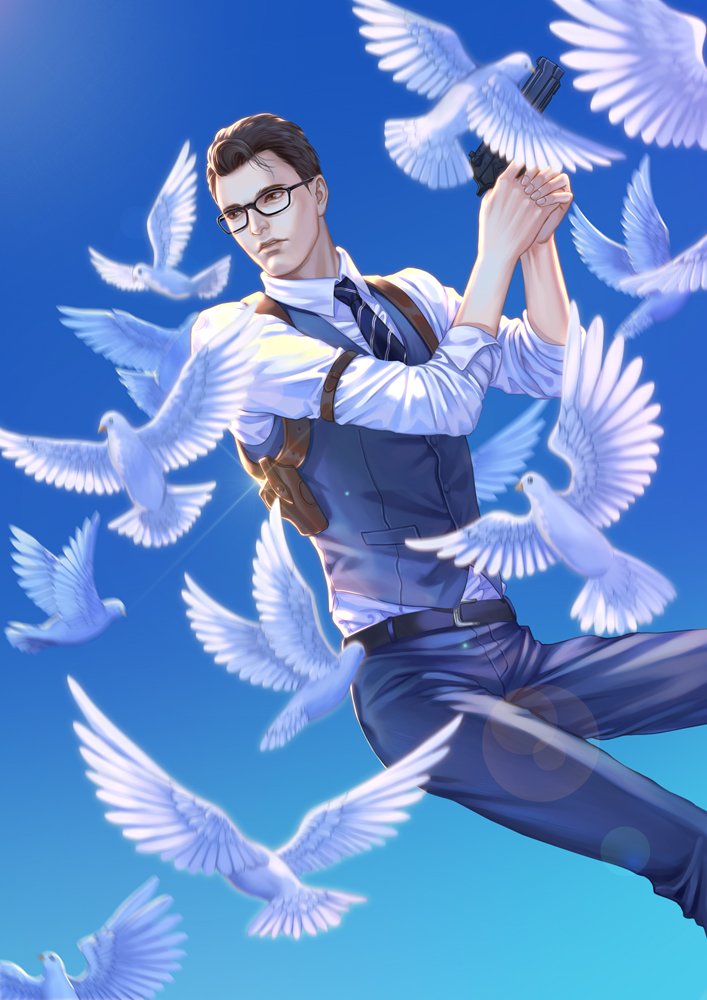 1boy android belt bird black-framed_eyewear blue_background blue_sky blue_vest brown_eyes brown_hair connor_(detroit) day detroit:_become_human dove feet_out_of_frame glasses gradient gradient_background gun handgun hands_up hei_yu holding holding_gun holding_weapon holster lens_flare necktie outdoors pistol sky too_many too_many_birds vest weapon