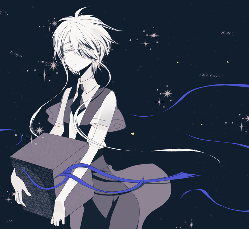 1other androgynous box dark_background gem_uniform_(houseki_no_kuni) ghost_quartz_(houseki_no_kuni) hair_over_one_eye houseki_no_kuni looking_at_viewer multicolored_hair nao_(necomugi) necktie see-through short_hair solo suspenders white_eyes white_hair