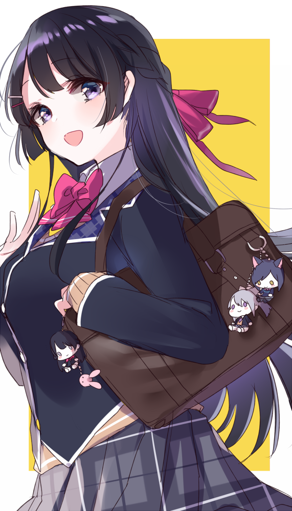 1girl :d animal_ears bag bag_charm bangs black_hair black_jacket blazer blush_stickers bow bowtie braid breasts cat_ears character_doll character_request charm_(object) collared_shirt eyebrows_visible_through_hair grey_skirt hair_bow hair_ornament hairclip hand_up high_ponytail higuchi_kaede holding jacket long_hair long_sleeves looking_at_viewer medium_breasts misumi_(macaroni) nijisanji open_mouth pink_bow pink_neckwear plaid plaid_skirt pleated_skirt ponytail red_bow school_bag school_uniform shirt shizuka_rin short_hair silver_hair skirt sleeves_past_wrists smile solo sweater tsukino_mito two-tone_background very_long_hair violet_eyes virtual_youtuber white_background white_bow white_shirt yellow_background