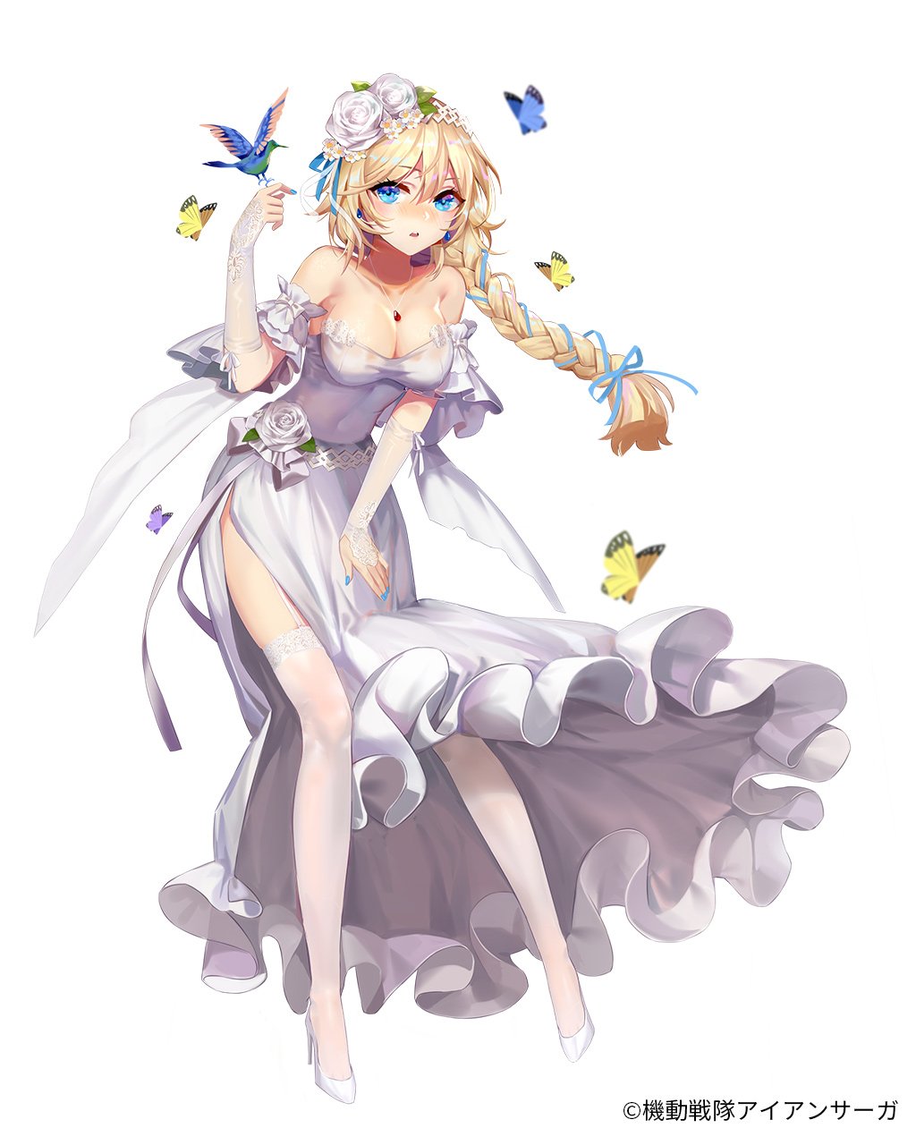 1girl bangs bare_shoulders bird blonde_hair blue_butterfly blue_eyes blush bow braid breasts bride bug butterfly cleavage collarbone commentary copyright_name covered_navel detached_sleeves dress earrings elbow_gloves eyebrows_visible_through_hair eyelashes fingerless_gloves fingernails floating floating_hair flower frilled_dress frilled_sleeves frills full_body garter_straps gloves hair_between_eyes hair_flower hair_ornament hair_ribbon hairband highres hummingbird insect iron_saga jewelry lace lace-trimmed_gloves lace-trimmed_thighhighs large_breasts leaf long_hair looking_at_viewer necklace nose_blush official_art parted_lips ribbon simple_background single_braid sleeveless sleeveless_dress solo standing standing_on_one_leg strapless strapless_dress tareme thigh-highs wedding_dress white_background white_dress white_flower white_footwear white_gloves white_legwear yellow_butterfly zjsstc