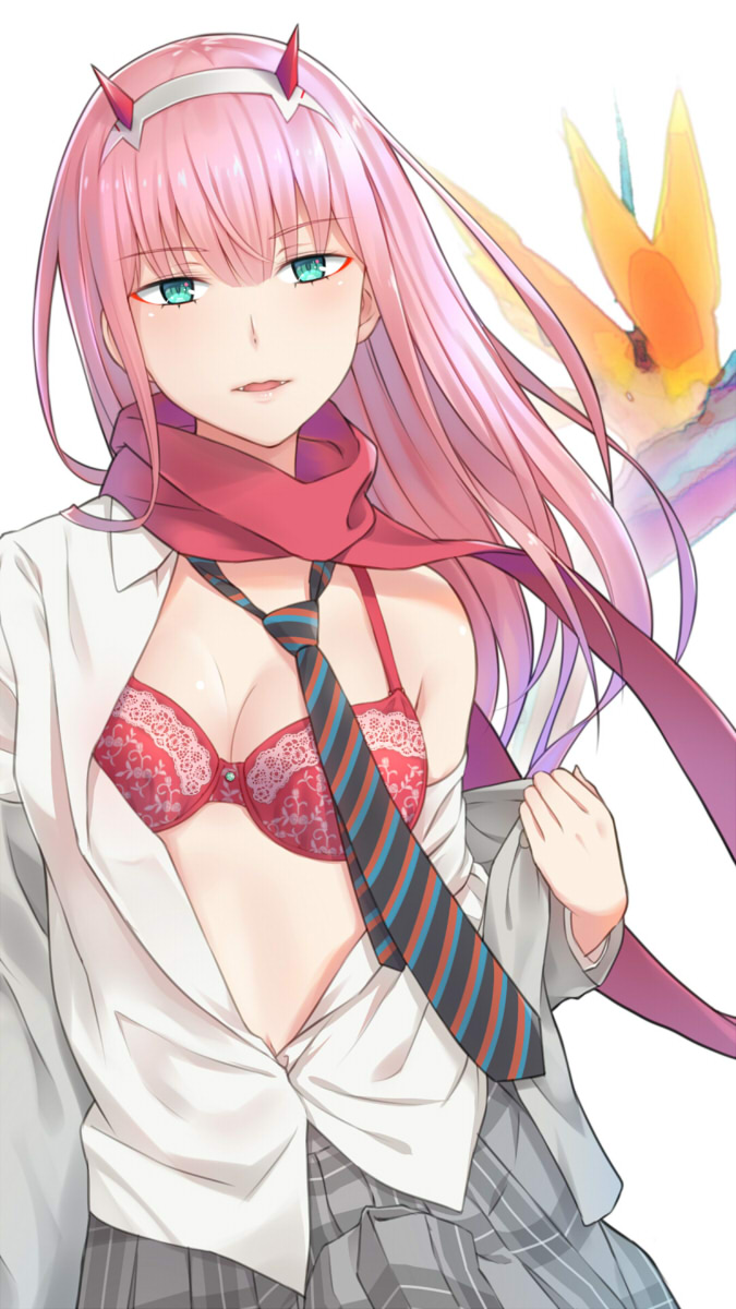 1girl black_neckwear blue_eyes bra commentary_request contrapposto darling_in_the_franxx full_body grey_jacket grey_skirt hairband highres horns jacket kanden_suki long_hair looking_at_viewer necktie open_clothes open_shirt parted_lips pink_hair red_bra red_scarf scarf shirt skirt smile solo standing strelizia_(flower) underwear undressing white_shirt zero_two_(darling_in_the_franxx)