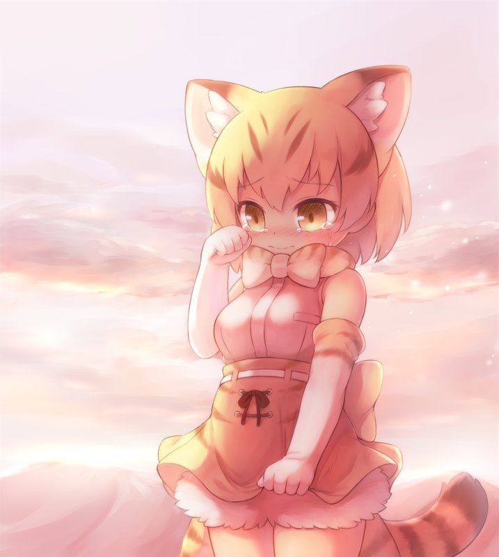 1girl animal_ears belt blonde_hair blush bow bowtie cat_ears cat_tail clouds cowboy_shot crying crying_with_eyes_open extra_ears eyebrows_visible_through_hair gloves hand_up high-waist_skirt kemono_friends matsuu_(akiomoi) outdoors print_gloves print_neckwear print_skirt sand_cat_(kemono_friends) sand_cat_print shirt skirt skirt_hold sky sleeveless sleeveless_shirt solo tail tears white_belt white_gloves wiping_tears yellow_eyes yellow_skirt