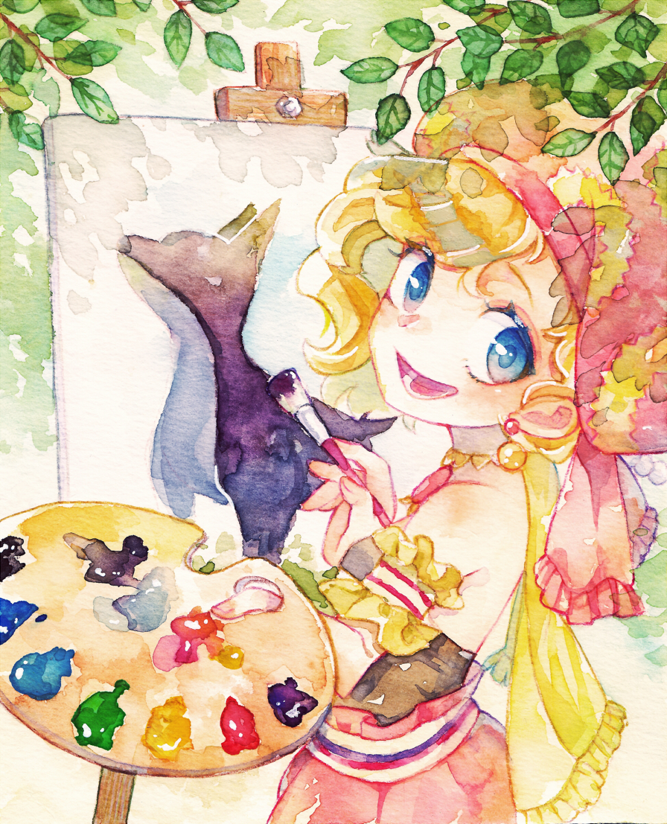 1girl :d armband bare_shoulders blonde_hair blue_eyes cabbie_hat canvas_(object) dog earrings final_fantasy final_fantasy_vi hat highres holding holding_paintbrush interceptor jewelry leaf open_mouth paint paintbrush painting palette pink_hat relm_arrowny rrrpct short_hair smile solo strapless teeth