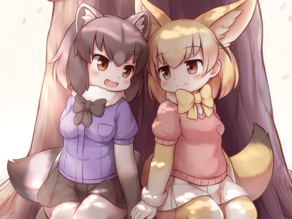 2girls :d animal_ears black_gloves black_hair black_neckwear black_skirt blonde_hair blush bow bowtie breast_pocket brown_eyes buttons cherry_blossoms common_raccoon_(kemono_friends) extra_ears eye_contact eyebrows_visible_through_hair fang fennec_(kemono_friends) fox_ears fox_tail fur_collar fur_trim gloves grey_hair hands_together kemono_friends looking_at_another matsuu_(akiomoi) miniskirt multicolored multicolored_clothes multicolored_hair multicolored_legwear multiple_girls open_mouth petals pink_sweater pleated_skirt pocket raccoon_ears raccoon_tail short_sleeves sitting skirt smile sweater tail thigh-highs tree white_gloves white_legwear white_skirt yellow_legwear yellow_neckwear