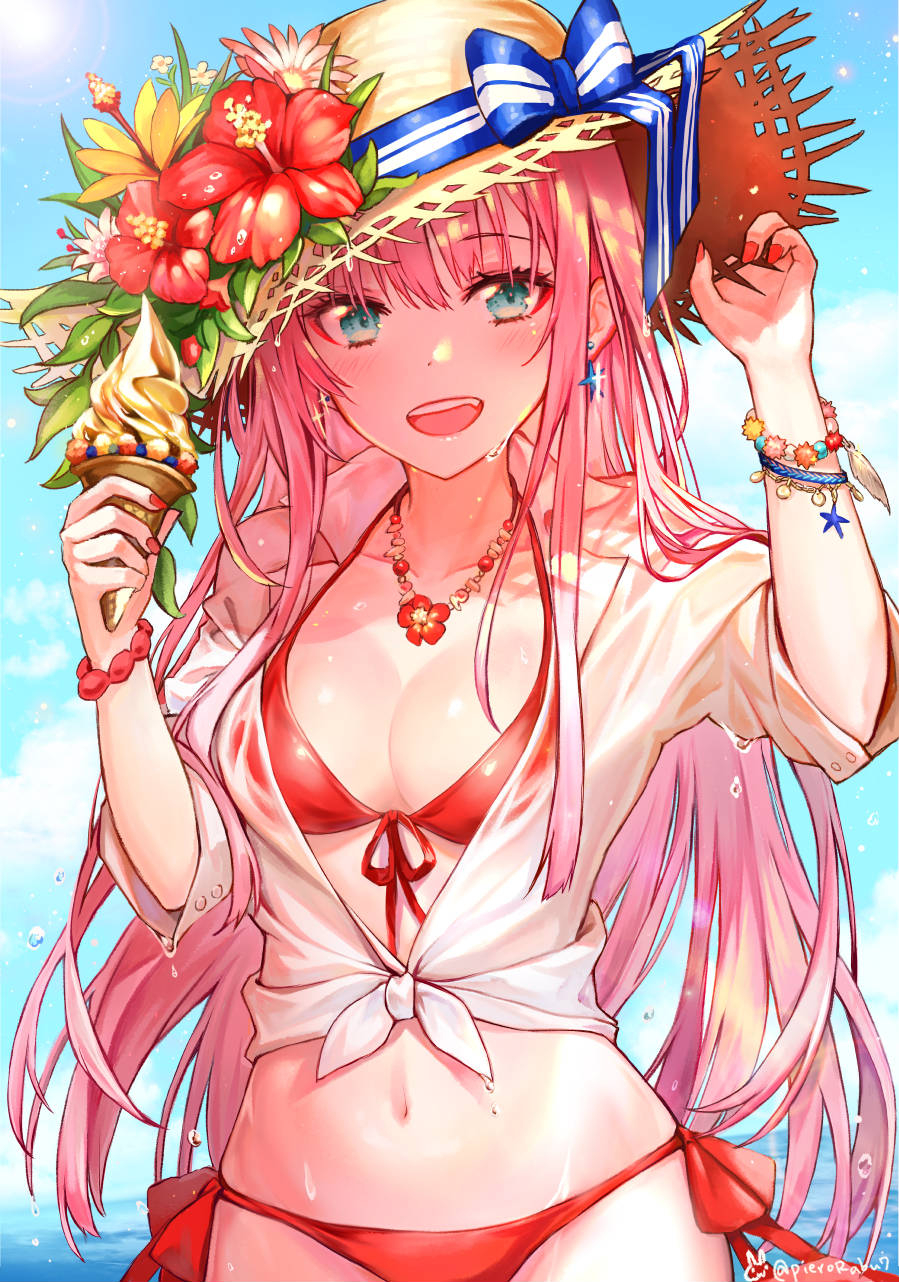 1girl :d arm_up bangs bikini bikini_under_clothes blue_bow blue_eyes blue_sky blush bow bracelet breasts clouds commentary_request darling_in_the_franxx day eyebrows_visible_through_hair fingernails flower food front-tie_bikini front-tie_top hair_between_eyes hand_on_headwear hat hat_bow hat_flower highres holding holding_food horizon ice_cream ice_cream_cone jewelry long_hair nail_polish ocean open_mouth orange_flower outdoors pierorabu pink_hair red_bikini red_flower red_nails see-through shirt short_sleeves side-tie_bikini sky small_breasts smile soft_serve solo straw_hat striped striped_bow swimsuit tied_shirt twitter_username upper_teeth very_long_hair water wet wet_clothes wet_shirt white_shirt zero_two_(darling_in_the_franxx)