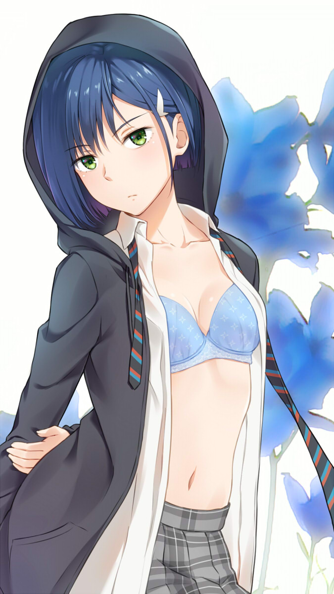 1girl :/ arm_at_side arm_behind_back blue_bra blue_hair bra breasts collarbone cowboy_shot darling_in_the_franxx delphinium_(flower) diagonal-striped_neckwear eyebrows_visible_through_hair frown green_eyes hair_ornament hairclip head_tilt highres hood hood_up hoodie ichigo_(darling_in_the_franxx) kanden_suki looking_at_viewer navel necktie open_clothes open_hoodie open_shirt plaid plaid_skirt pleated_skirt school_uniform shirt short_hair skirt small_breasts solo underwear white_shirt