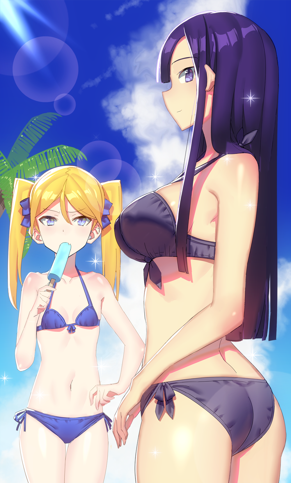 2girls ass bikini blonde_hair blue_bikini blue_eyes breasts cowboy_shot day eating fang food front-tie_bikini front-tie_top halterneck hand_on_hip highres large_breasts lens_flare long_hair mckeee mouth_hold multiple_girls original outdoors popsicle profile purple_hair side-tie_bikini sidelocks sky small_breasts swimsuit twintails violet_eyes